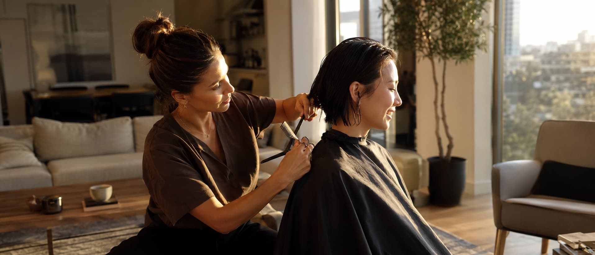 A Hairqut professional cutting a client's hair at home