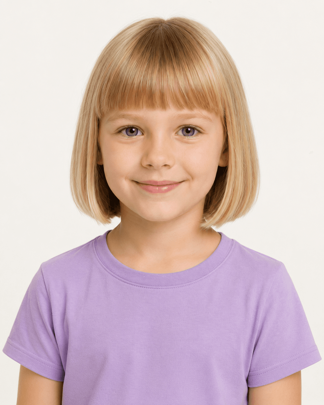 Front view of a blunt bob with straight-across fringe