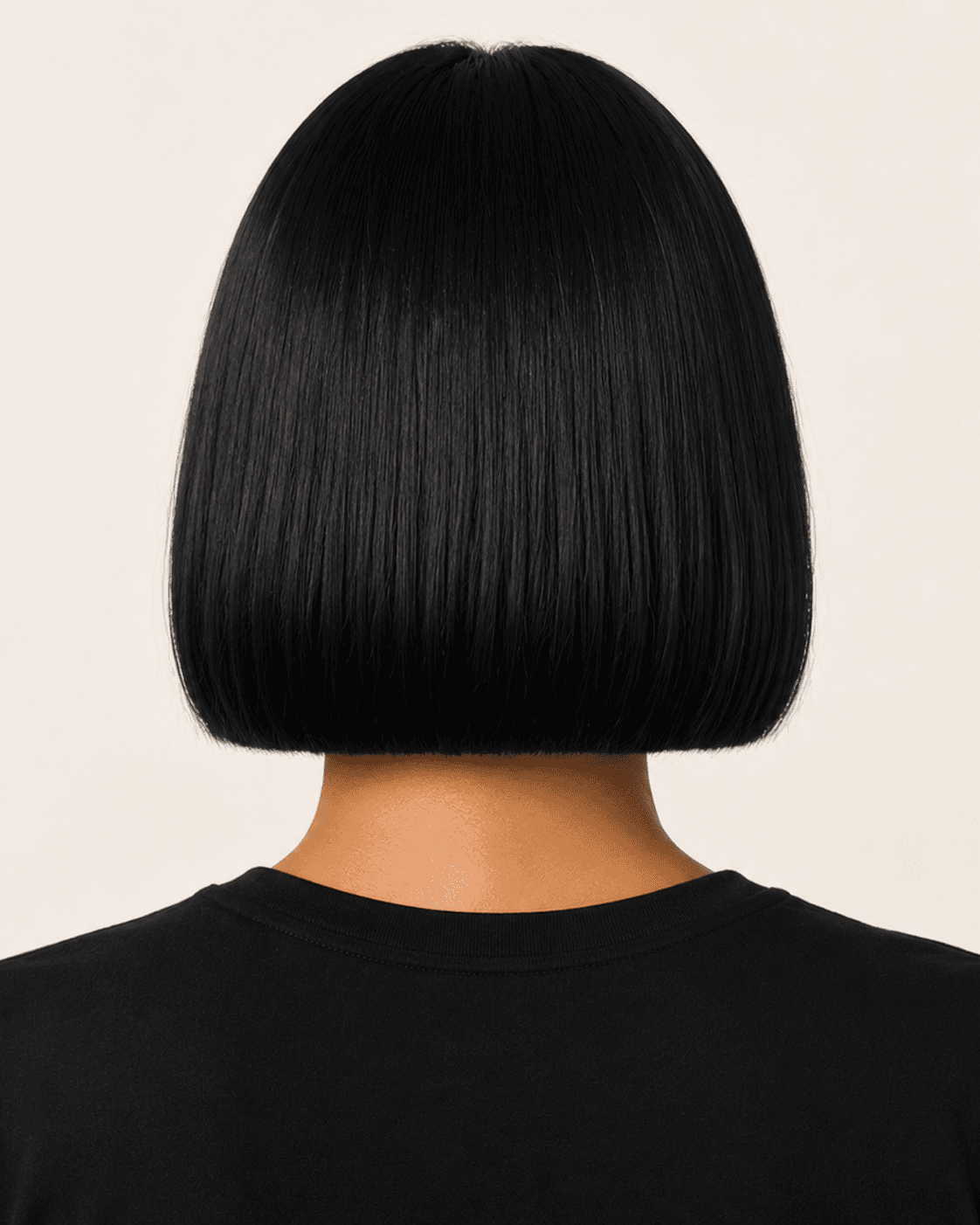 Rear view of a compact bob showing the broadly level dry edge