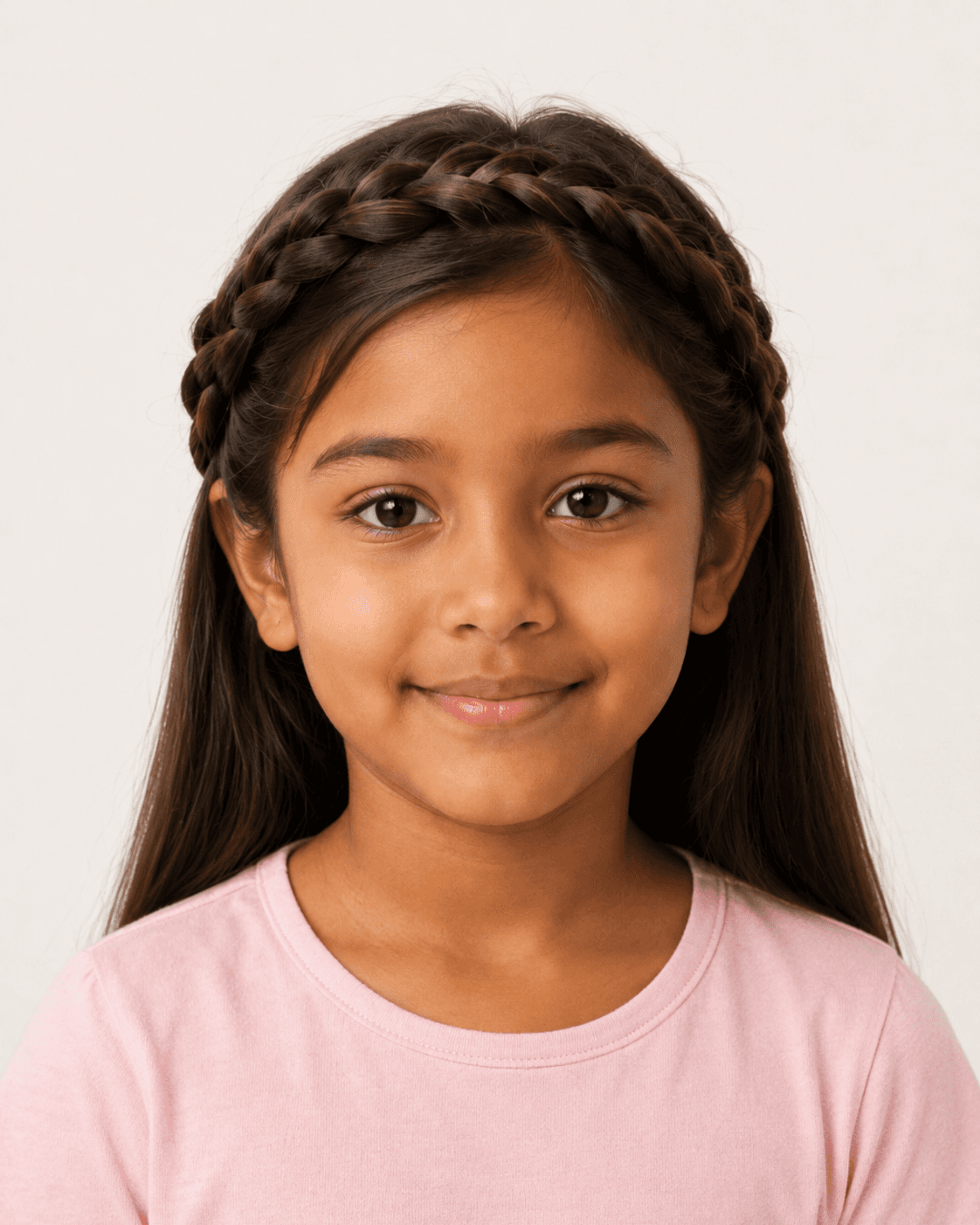 Front view of a child-safe braided crown style with a broad braided headband and open centre crown