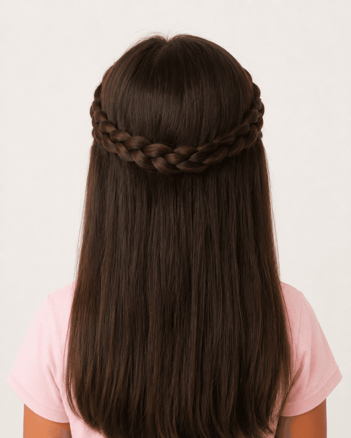 Rear view of a child-safe braided crown style showing a low rear braid arc and full loose back fall