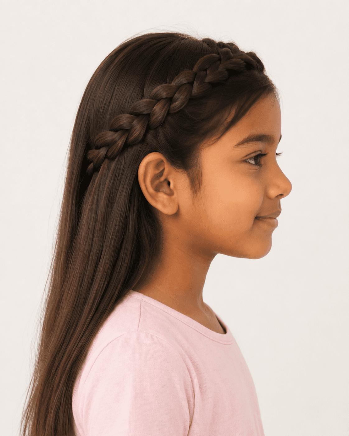Side profile of a child-safe braided crown style showing the above-ear braid path and loose side length