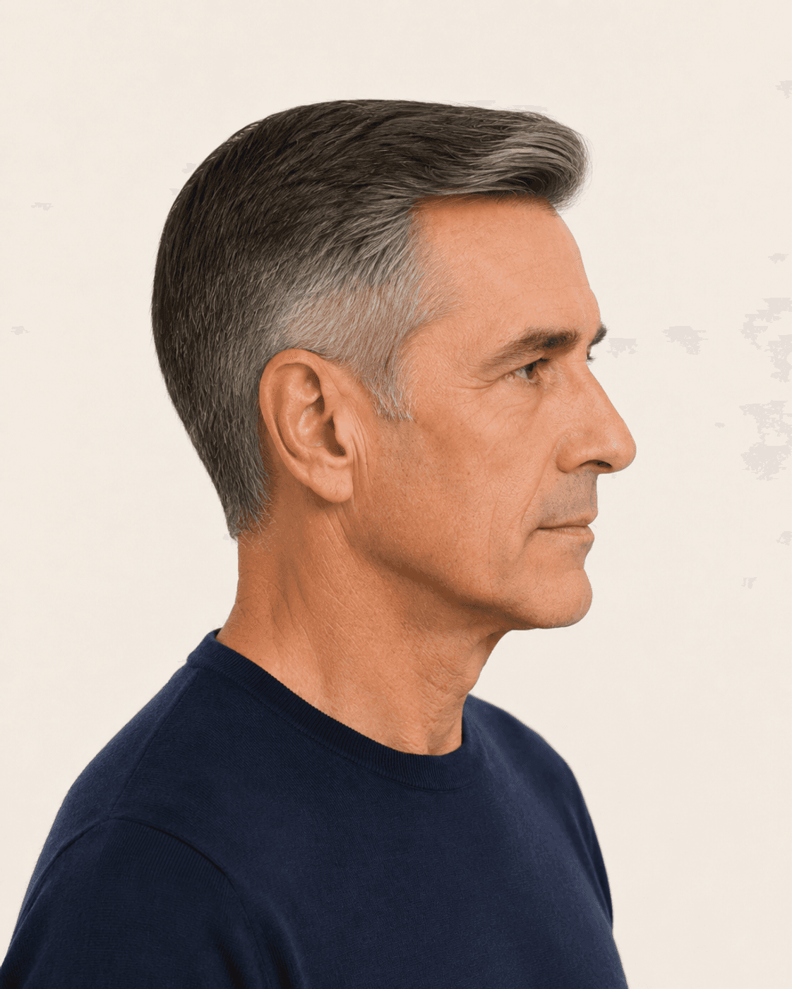 Side profile of a classic side part showing the taper and ear contour