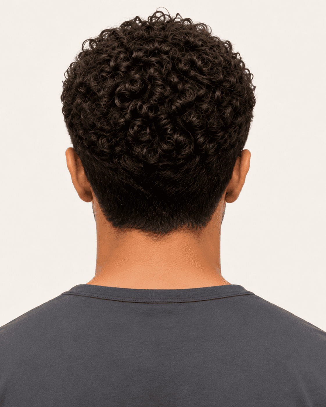 Rear view of a curly fringe crop showing a dense curl field and low natural nape edge