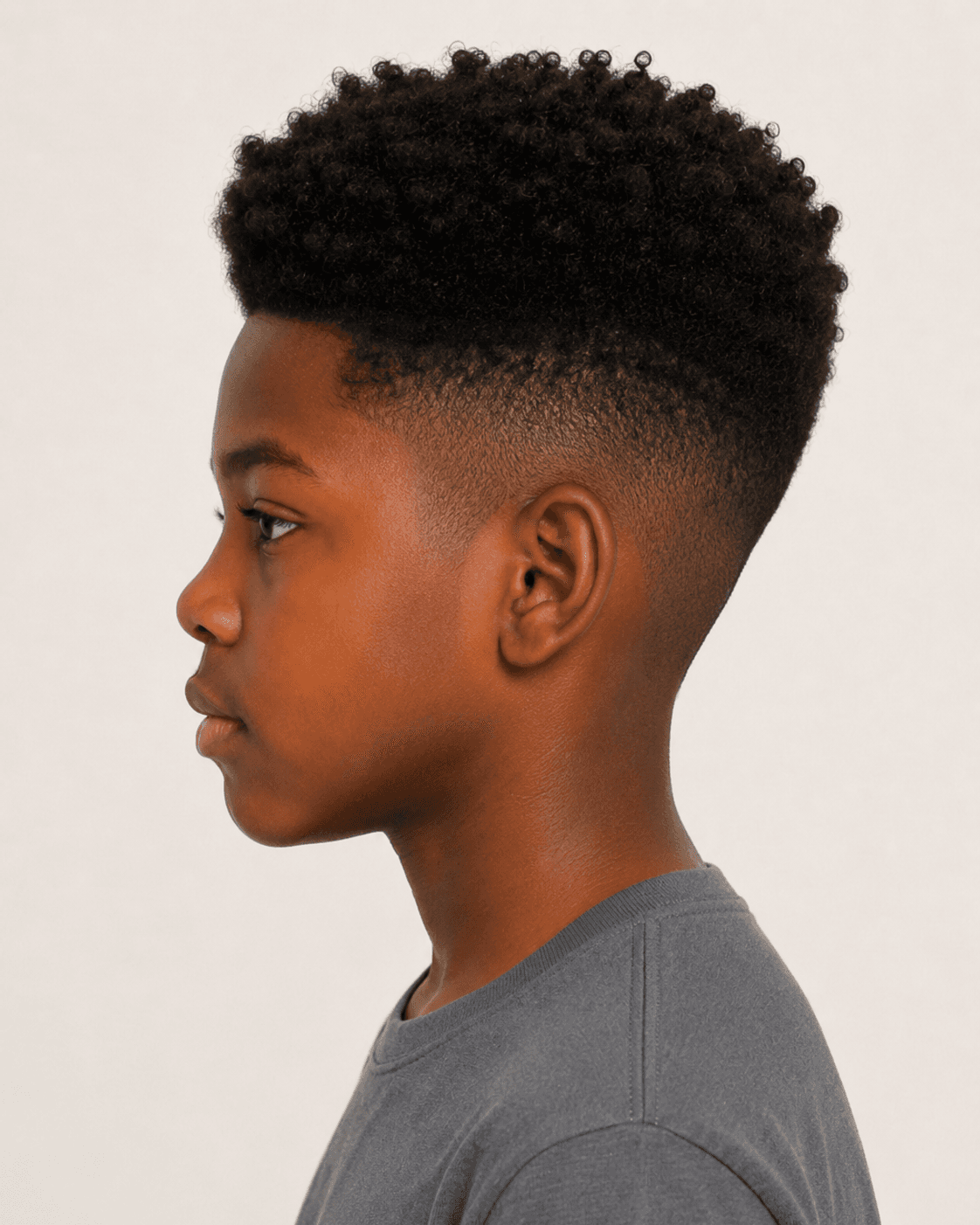 Side profile of a curly high top showing the fade and top height