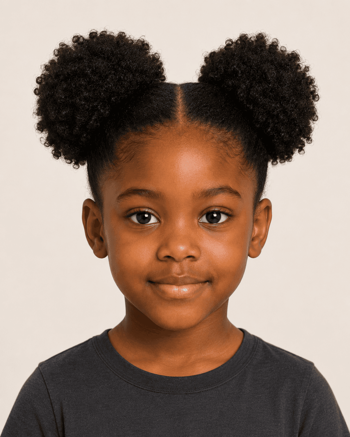 Front view of a child-safe double-puff reference with a near-central part and paired rounded ringlet masses