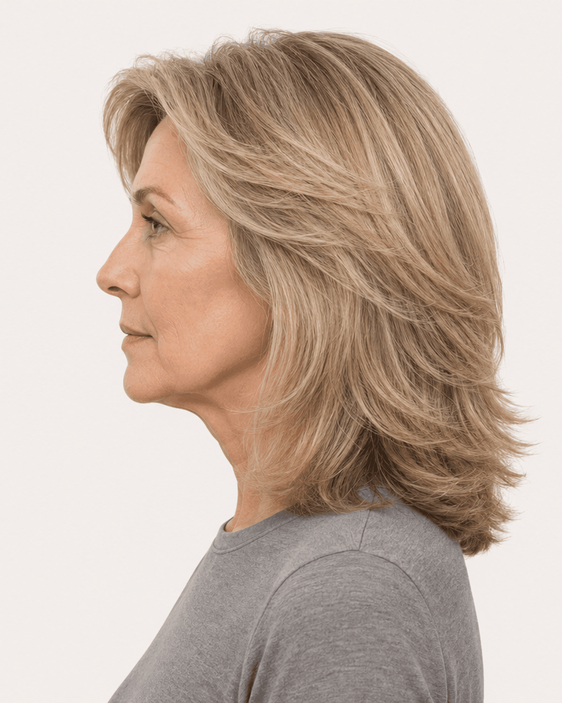 Side profile of feathered layers showing length and flicked ends