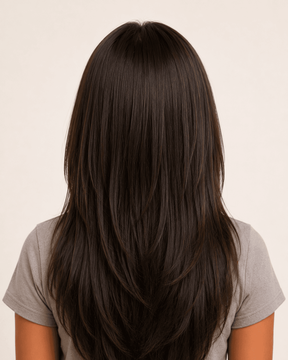 Rear view of a long layered cut showing the layer blend and perimeter