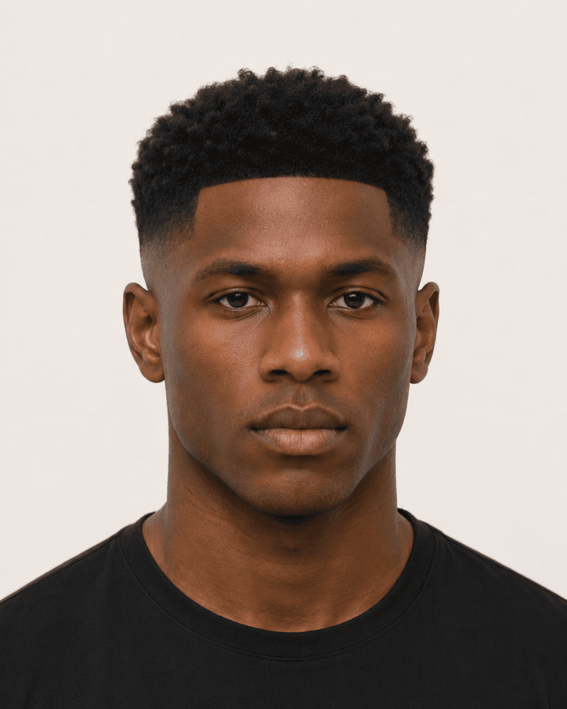 Front view of a low skin fade with textured top and a sharp hairline