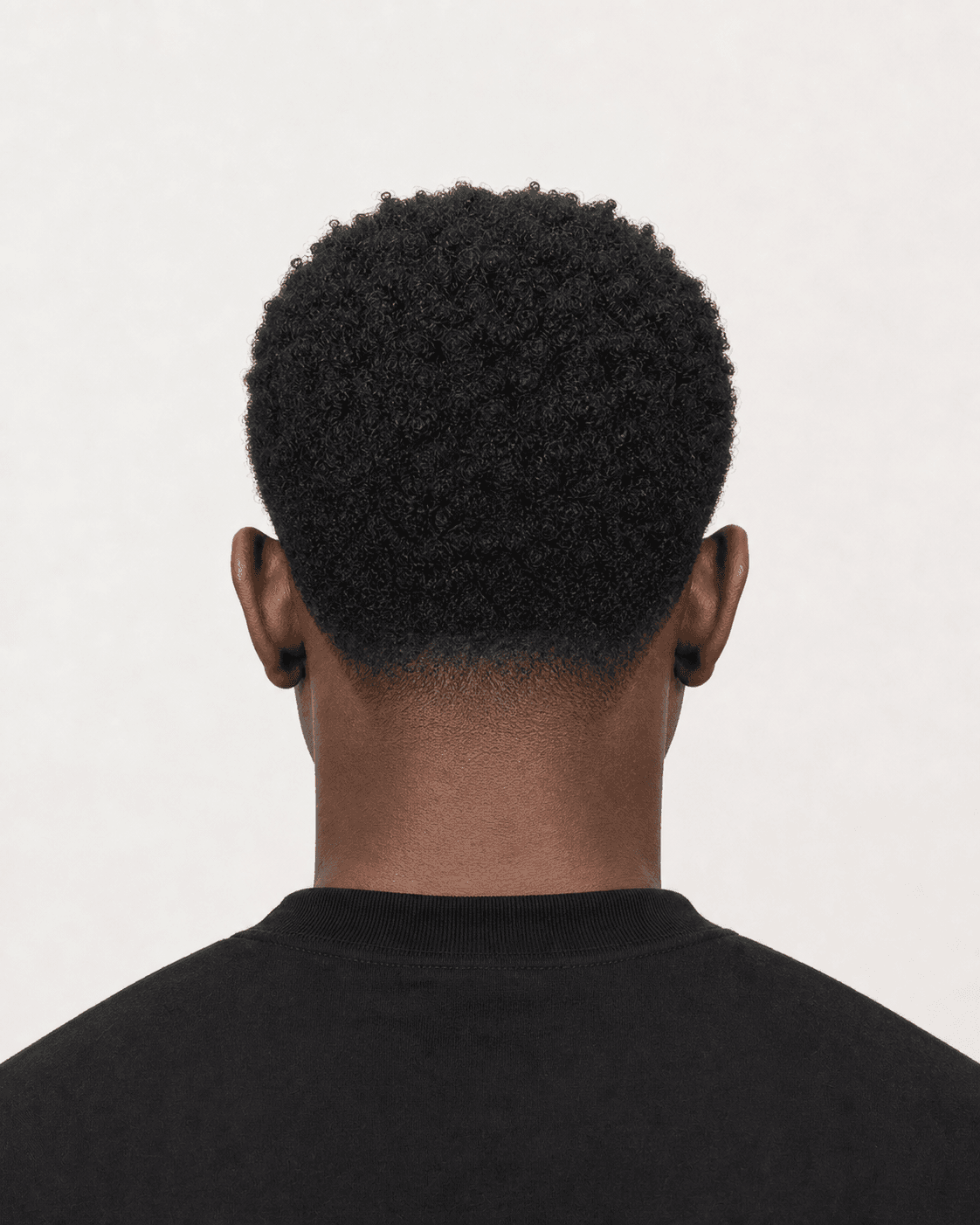 Rear view of a short coily cut showing full crown weight and localized low nape taper