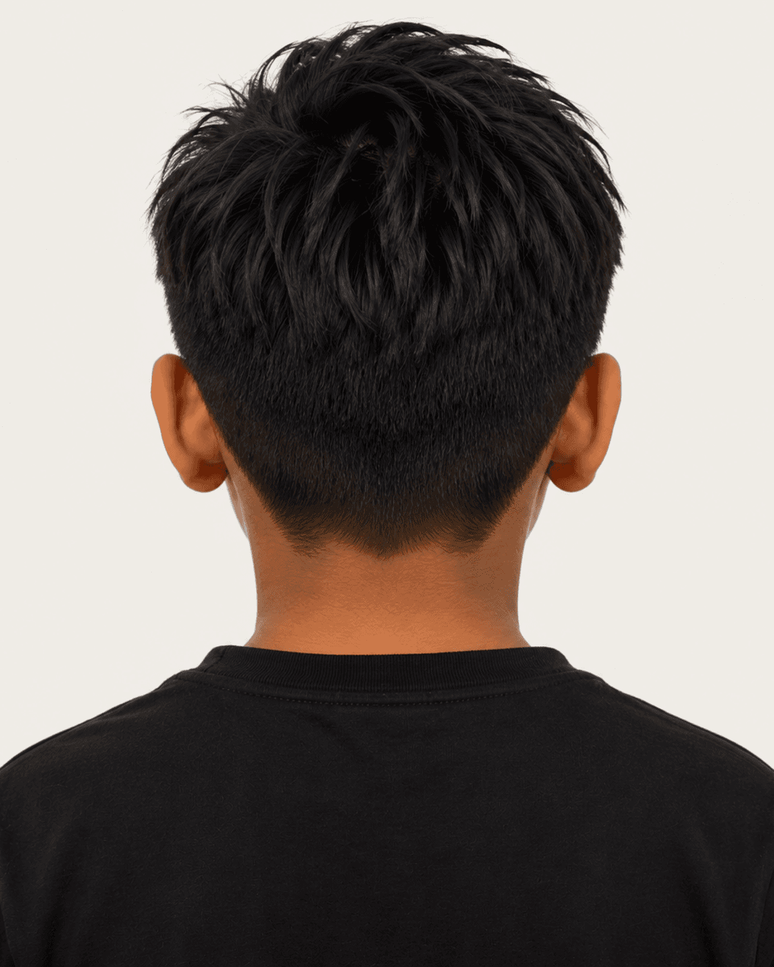 Rear view of a child-safe textured fringe reference showing crown convergence and a soft low nape edge