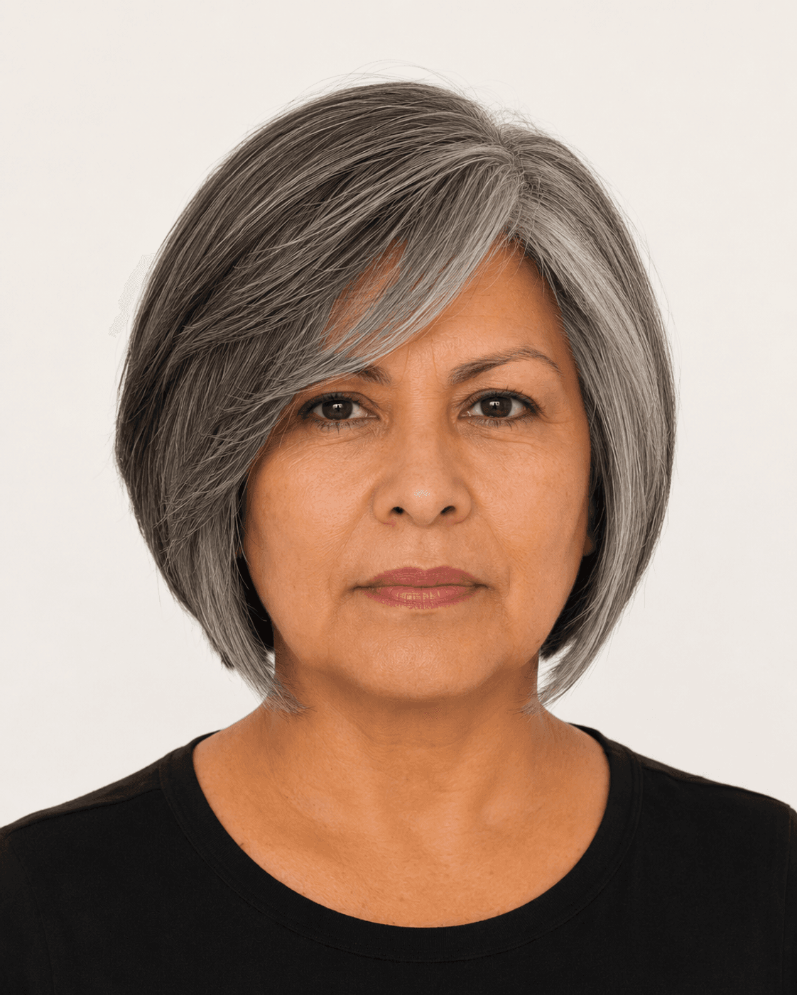 Front view of a modern bob with an off-center side opening and long diagonal fringe