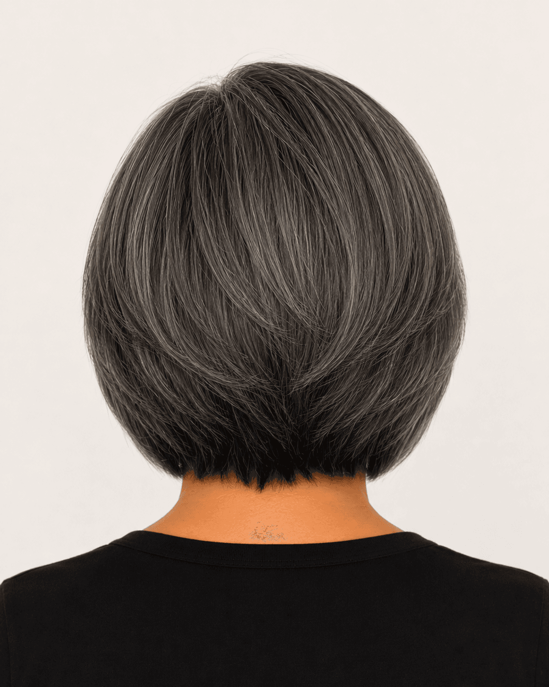 Rear view of a modern bob showing a rounded field and broadly level upper-nape edge