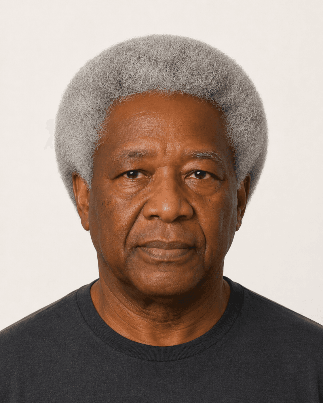 Front view of a natural grey afro with even rounded volume
