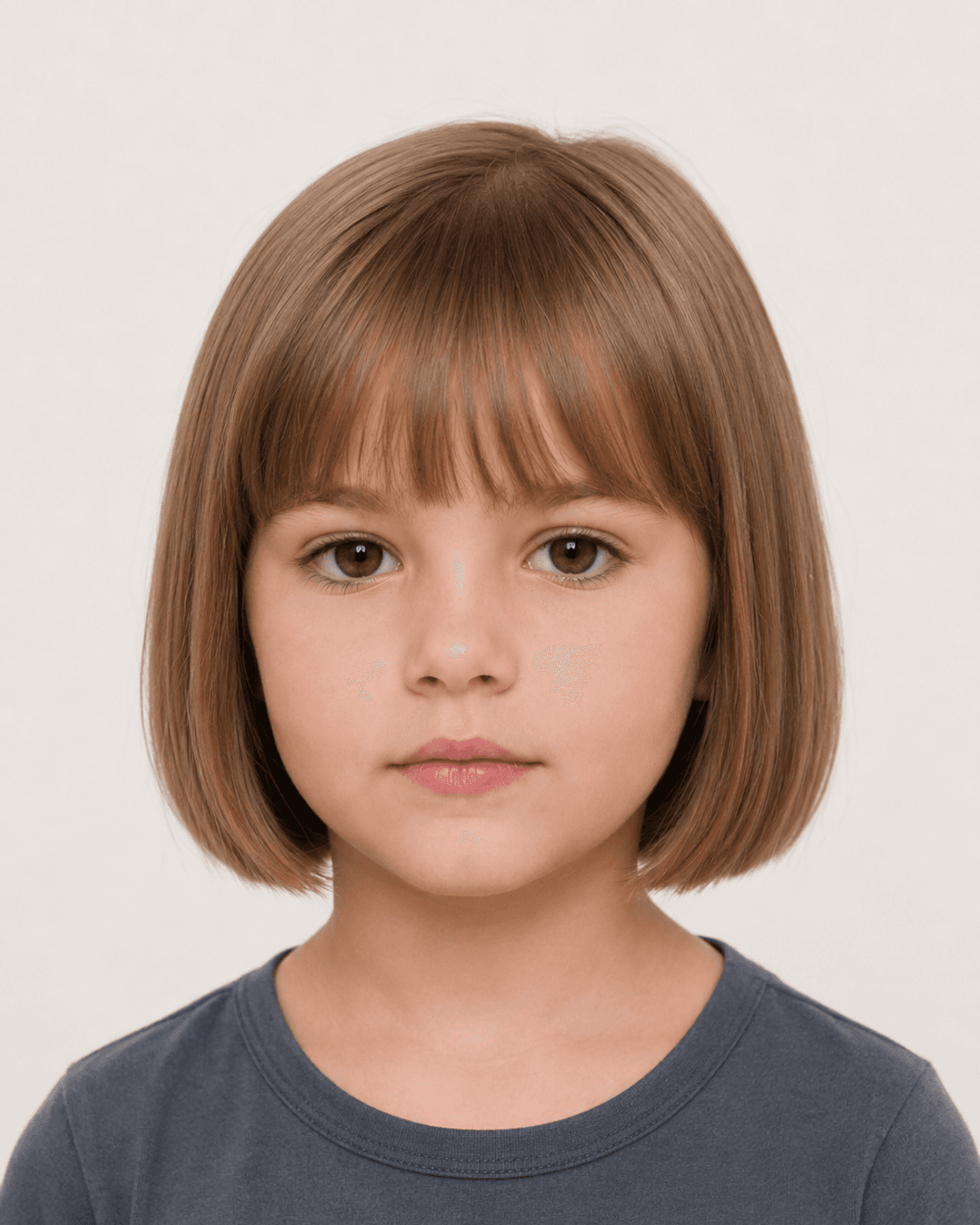 Front view of a short bob with soft bangs on a young girl