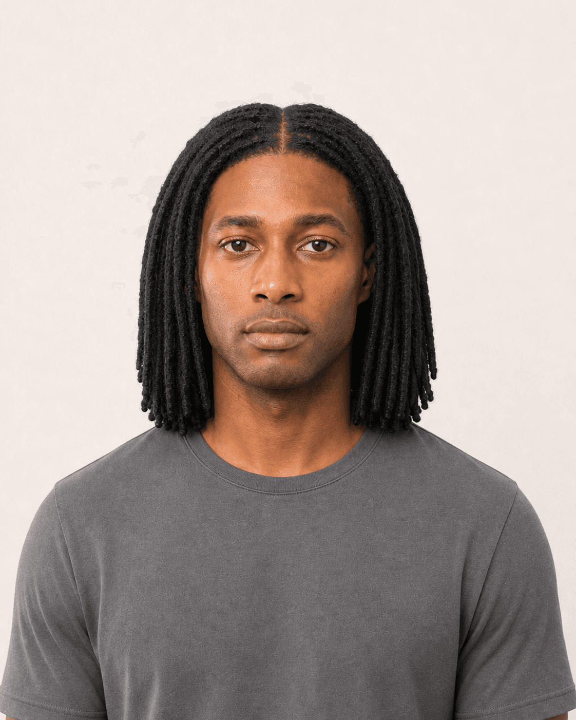Front view of shoulder-length mature locs with a center part