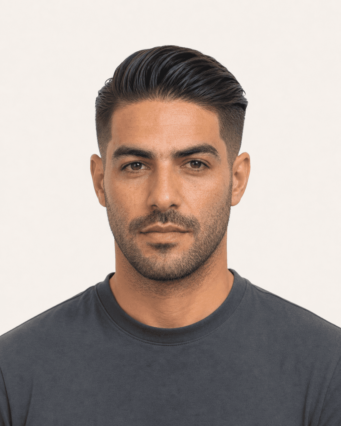 Front view of a slicked-back undercut with a high fade