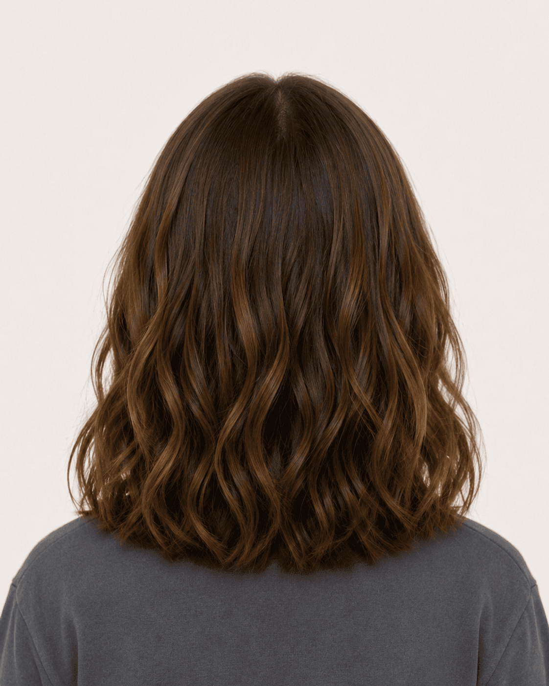 Rear view of soft shoulder-length waves showing the wave pattern and perimeter