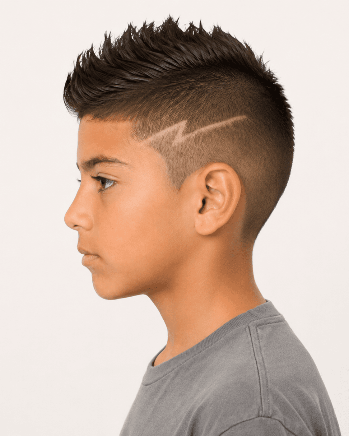 Side profile of a child-safe faux hawk reference showing the raised ridge, shorter side field, and angular design groove