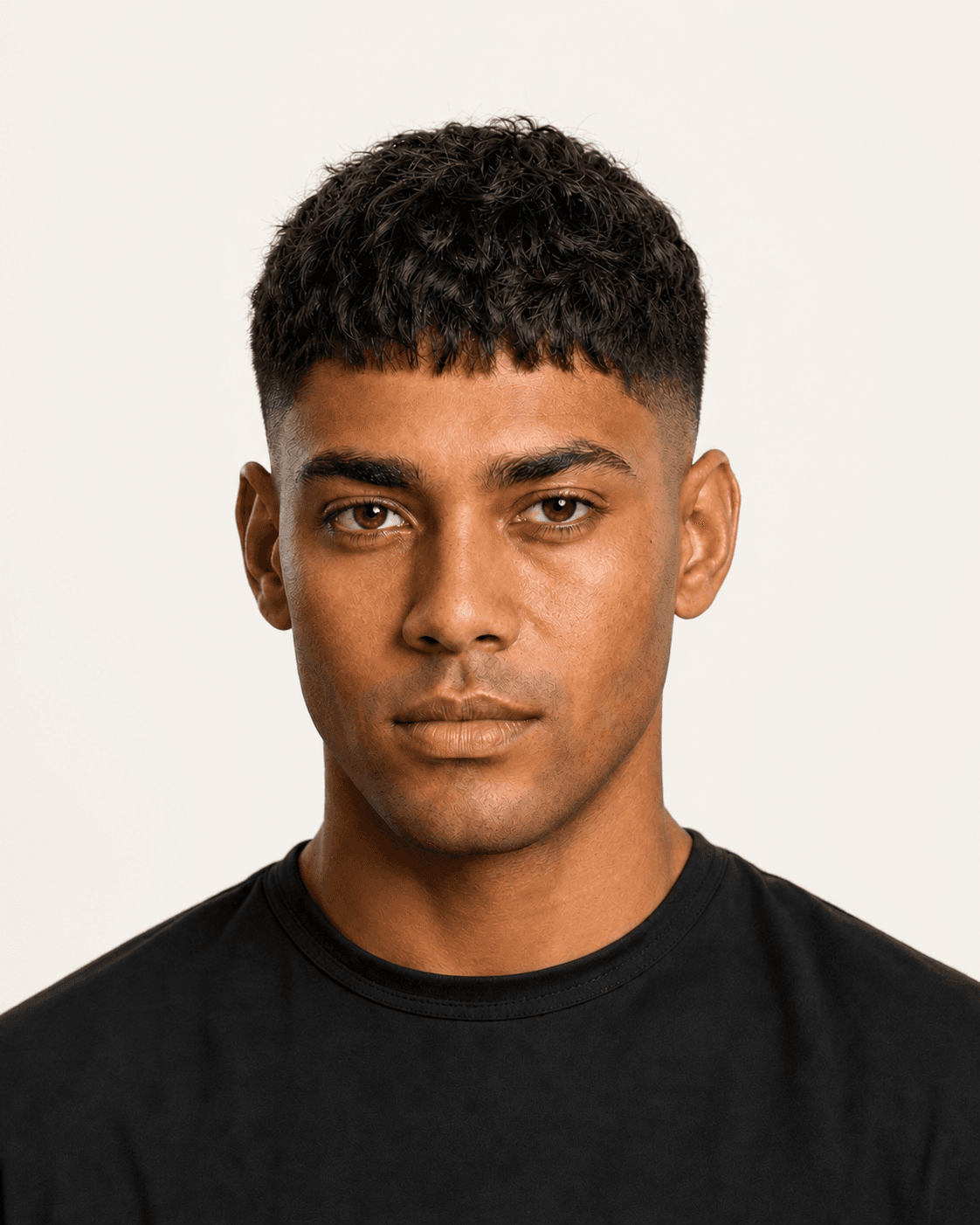 Front view of a textured French crop with an irregular fringe and mid-high skin fade