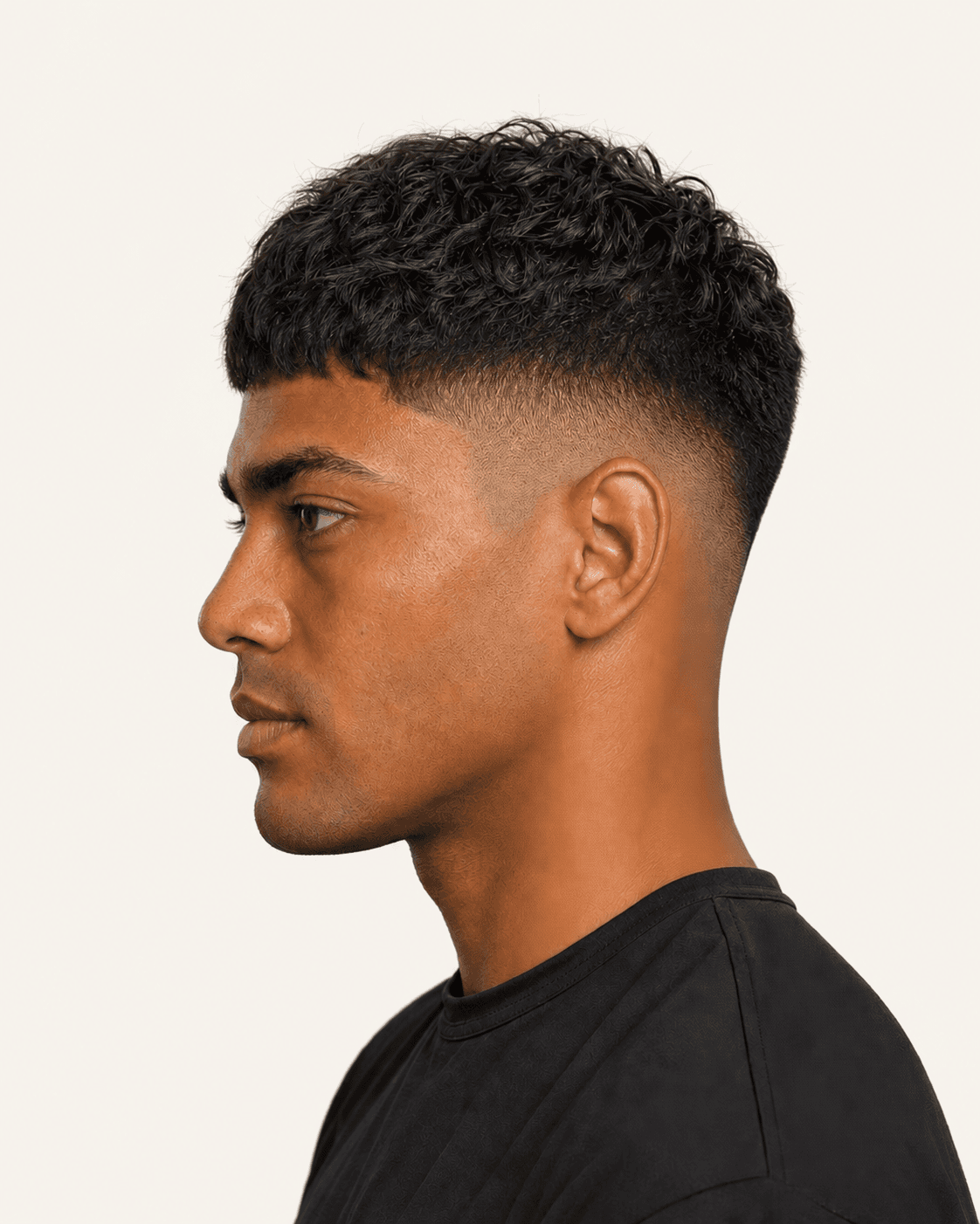 Side profile of a textured French crop showing the mid-high skin fade and tapered neckline