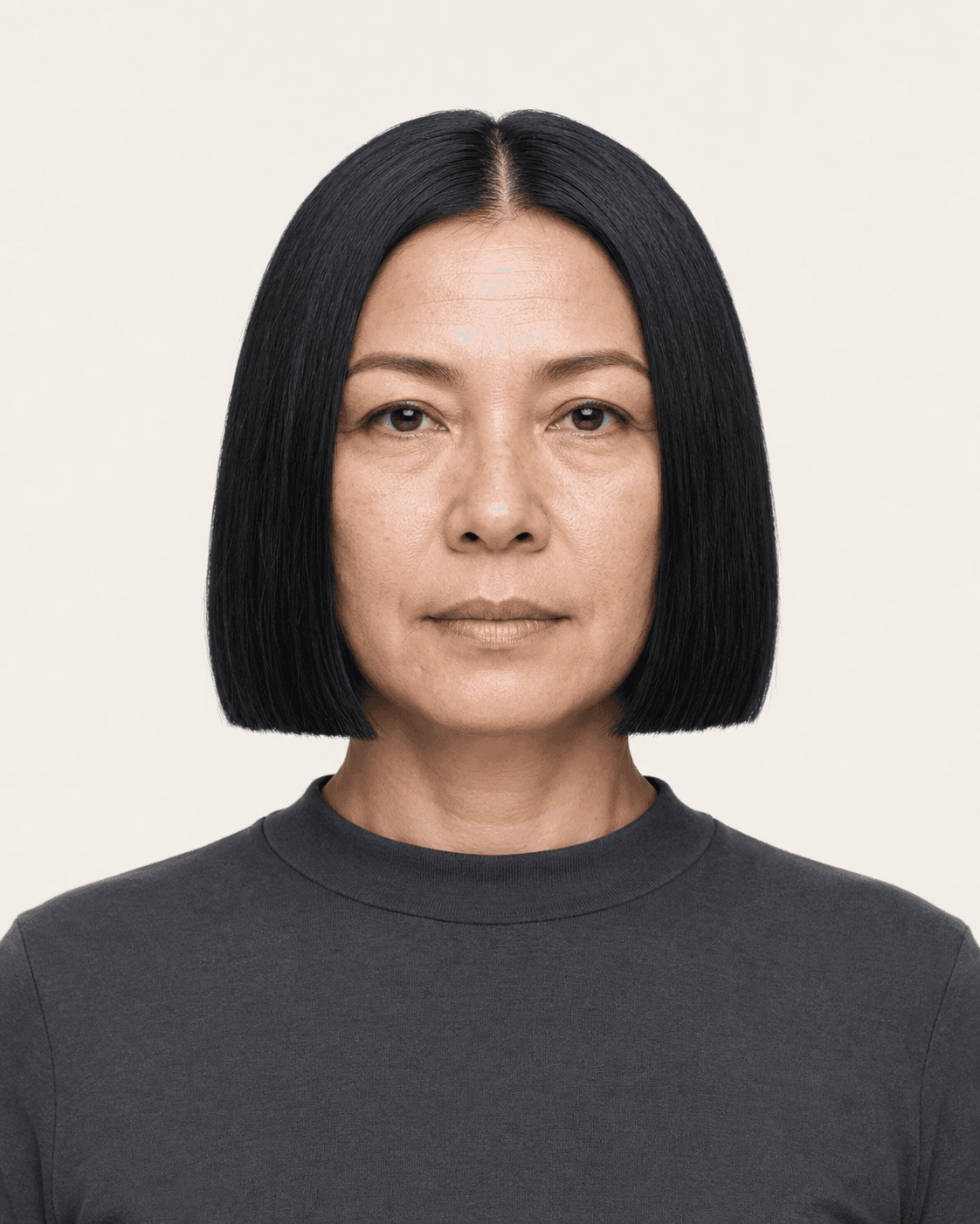 Annotated front construction map for Blunt Chin-Length Bob. Front view of a blue-black blunt chin-length bob with a center part