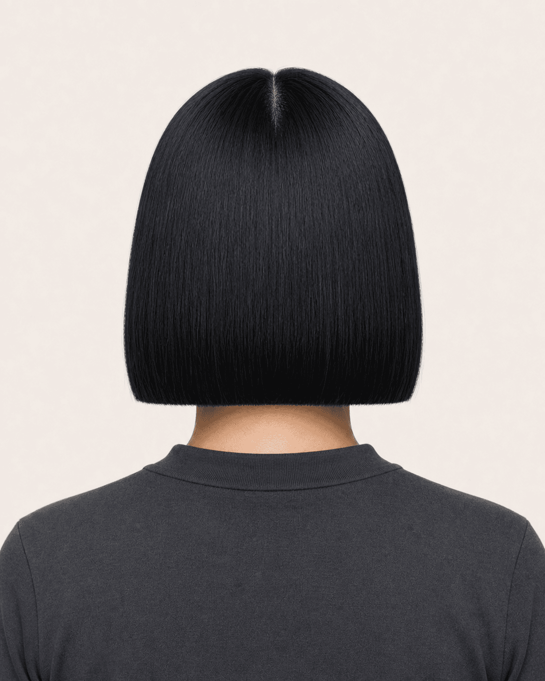 Annotated rear construction map for Blunt Chin-Length Bob. Rear view of a blue-black blunt bob showing center part and level upper-nape baseline