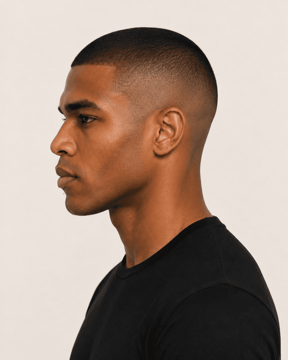 Annotated side construction map for Buzz Cut Fade. Side profile of a short buzz cut showing a gradual temple-to-ear transition