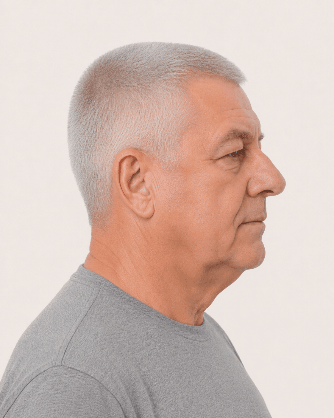 Side profile of a uniform grey buzz cut showing ear contour