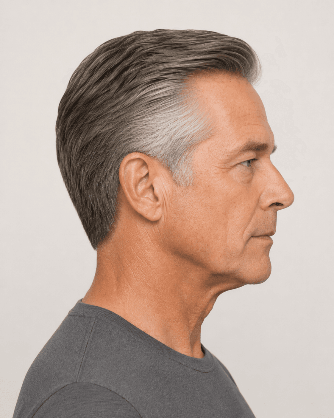 Side profile of a classic swept-back cut showing the tapered side and nape
