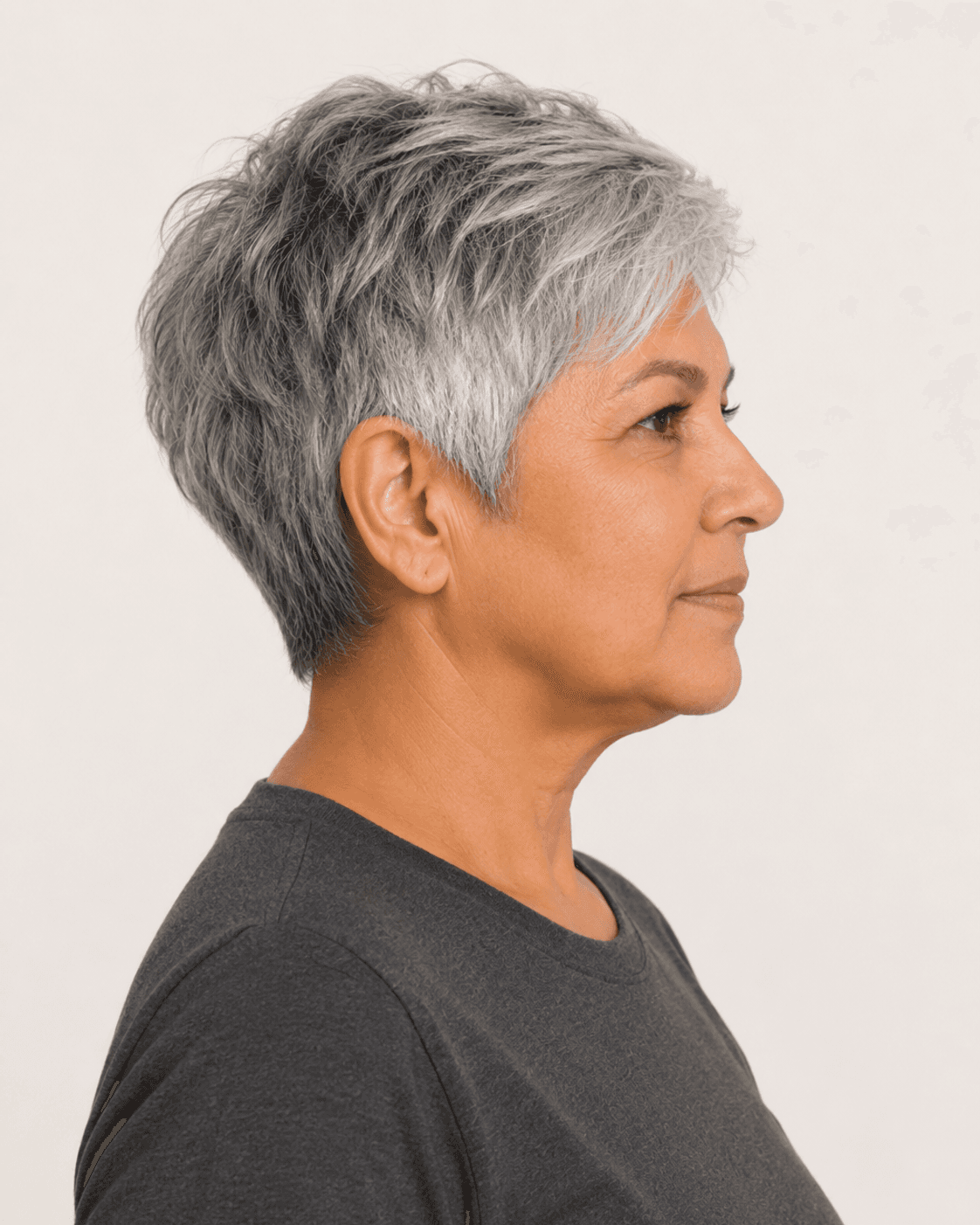 Annotated side construction map for Cropped Pixie with Soft Fringe. Side profile of a compact pixie showing the exposed ear and textured crown