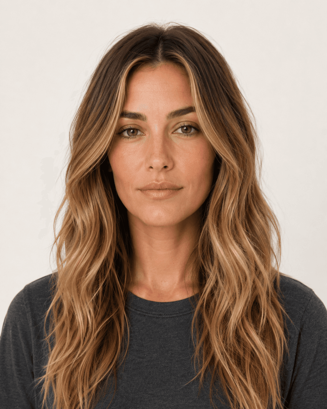 Annotated front construction map for Long Beach Waves. Front view of long beach waves with sun-kissed balayage