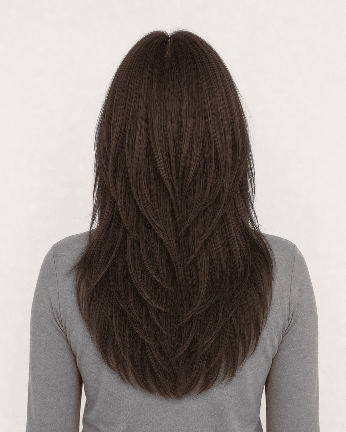 Annotated rear construction map for Long Layers with Curtain Fringe. Rear view of long chestnut hair with dense fall and a V-pointed lower center
