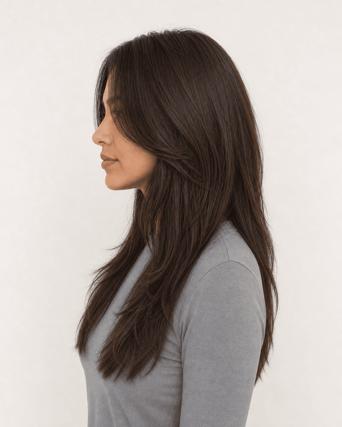 Annotated side construction map for Long Layers with Curtain Fringe. Side profile of a long cut showing a cheek-to-jaw face-frame sweep and long side fall