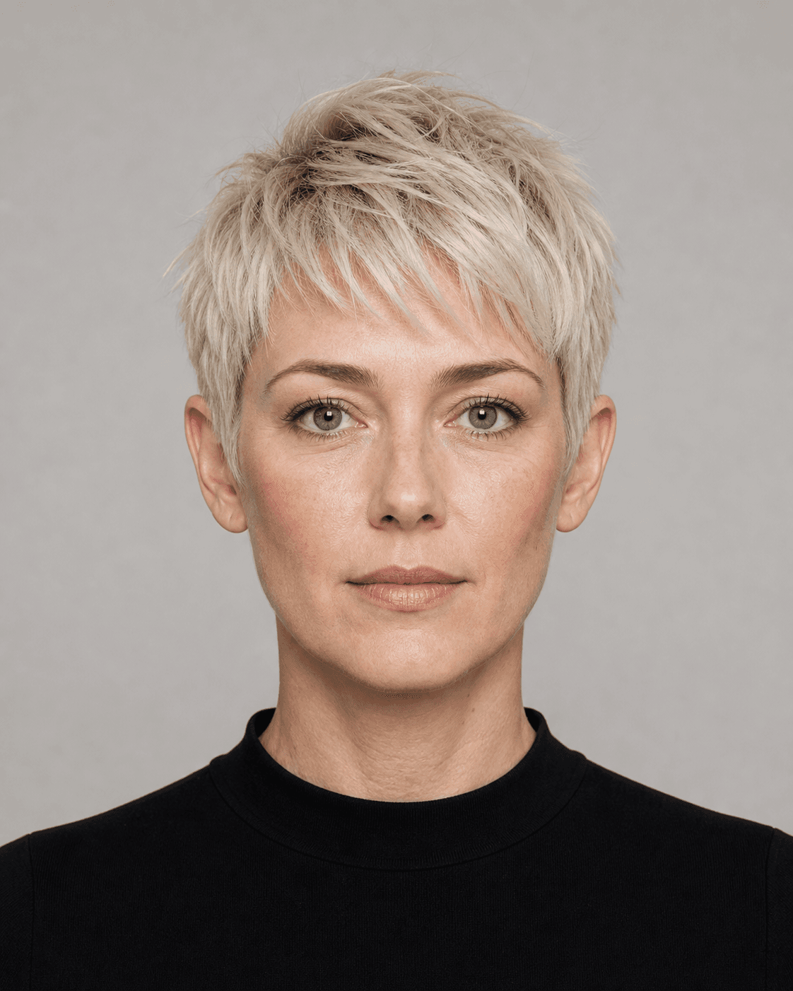 Annotated front construction map for Platinum Textured Pixie. Front view of a platinum textured pixie with an airy broken fringe and softly tapered sides