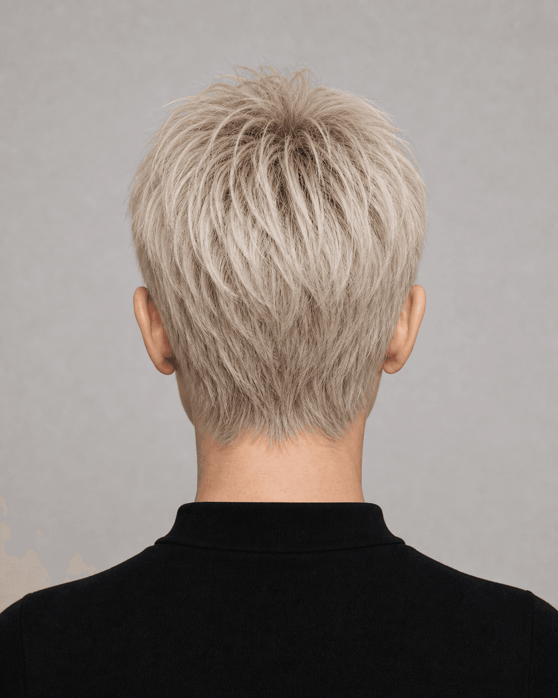 Annotated rear construction map for Platinum Textured Pixie. Rear view of a platinum textured pixie showing separated crown texture and a softly tapered natural nape