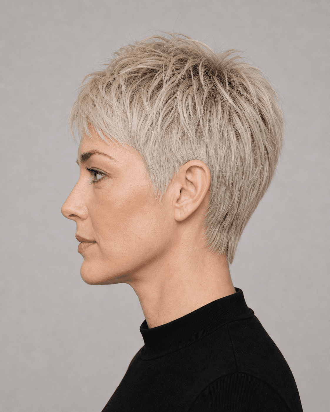 Annotated side construction map for Platinum Textured Pixie. Side profile of a platinum textured pixie showing the ear contour, crown, and tapered nape