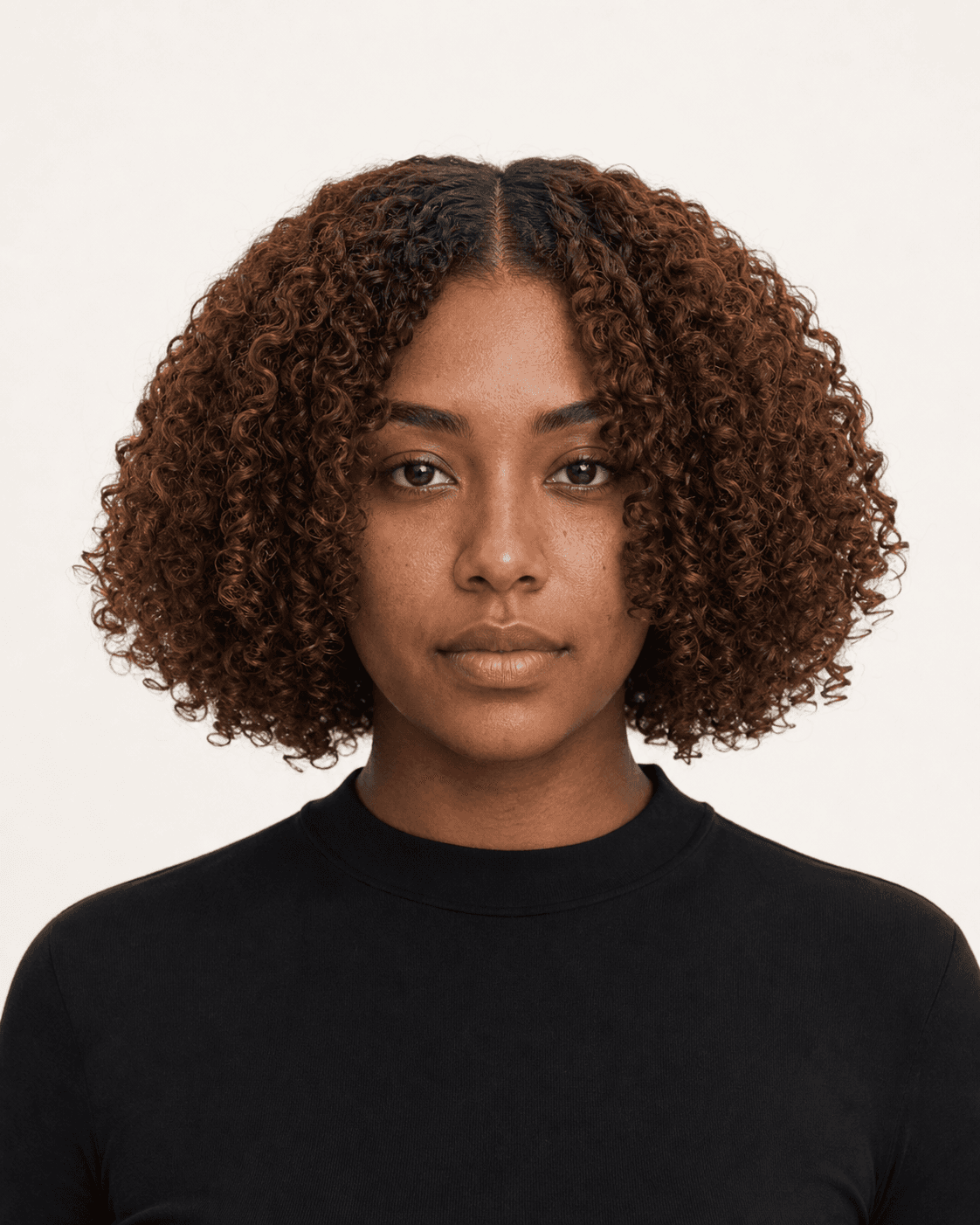Annotated front construction map for Rounded Curly Bob. Front view of a rounded dark copper-brown curly bob with a center part