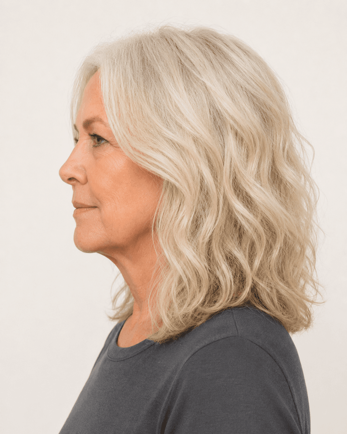 Side profile of soft wavy layers showing crown lift and shoulder-length fall