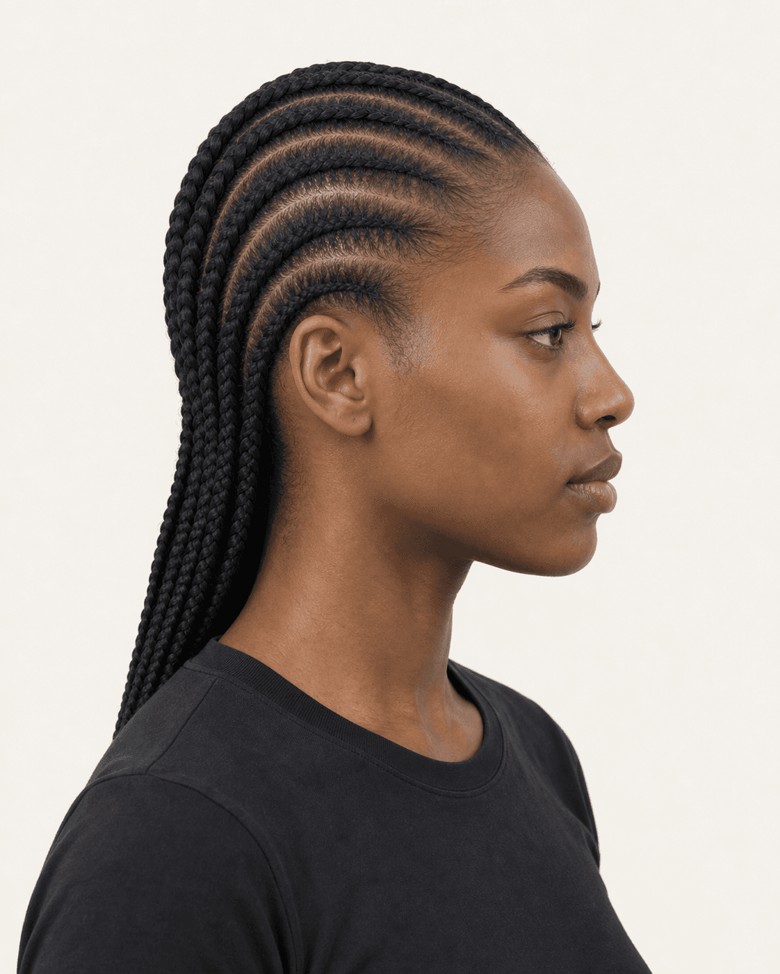 Annotated side construction map for Feed-In Straight Backs. Side profile of straight-back feed-in cornrows showing parallel sections