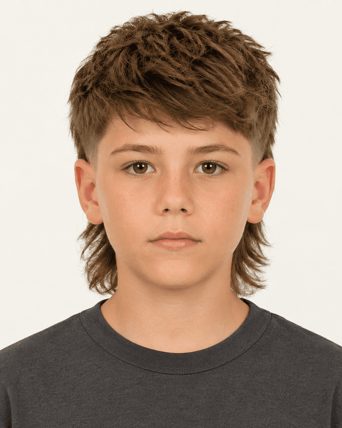 Annotated front construction map for Textured Mullet. Front view of a textured mullet on a young boy
