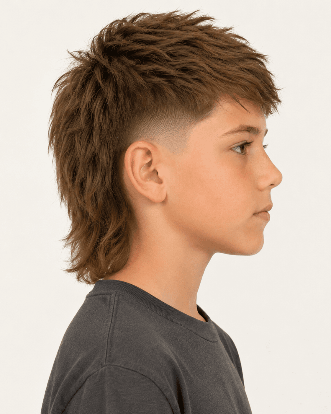 Annotated side construction map for Textured Mullet. Side profile of a textured mullet showing the fade and back length